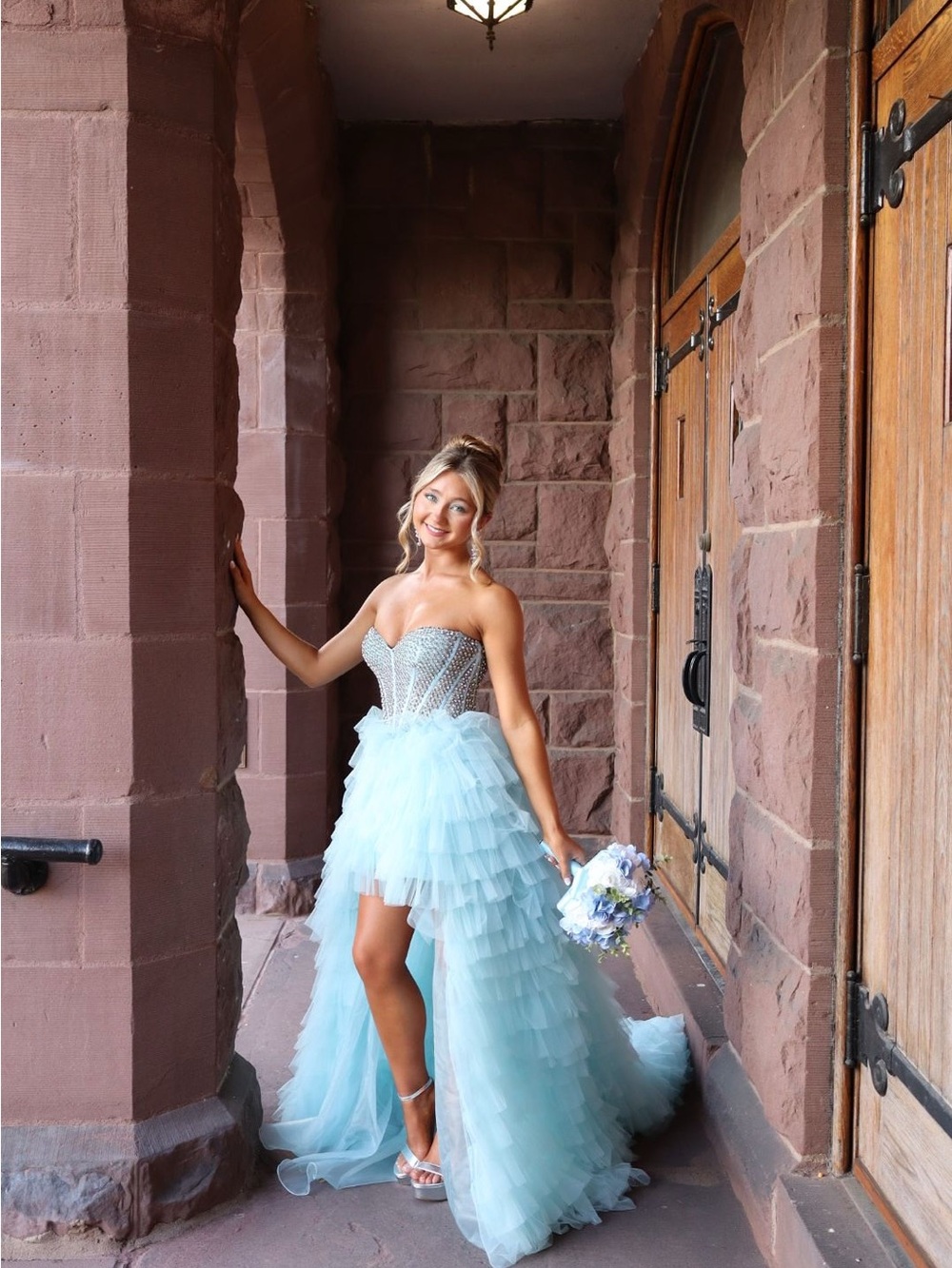 Sherri Hill Light Blue High-Low Ruffled Tulle Prom Dress
